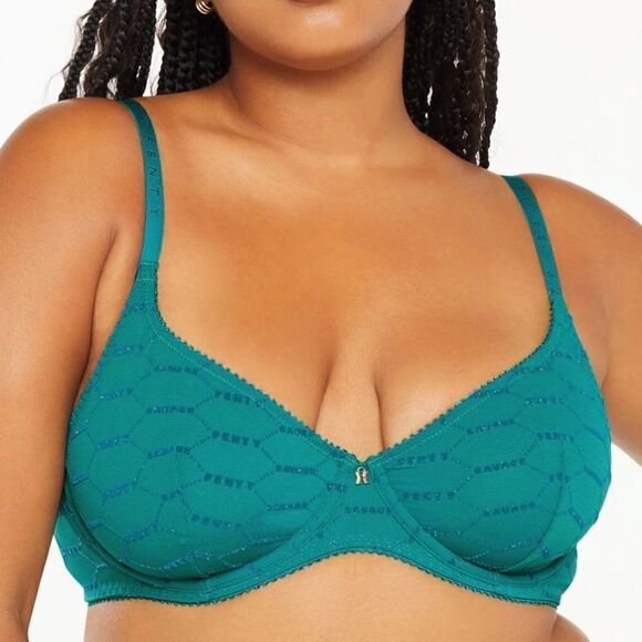 Savage X Fenty Shimmer Flocked Logo Unlined Bra Deep Teal Green 38C - Picture 1 of 5